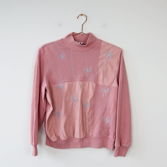 Vintage Pink Patchwork Mock Turtleneck Knit Sweatshirt Petite Medium - Picture 1 of 7